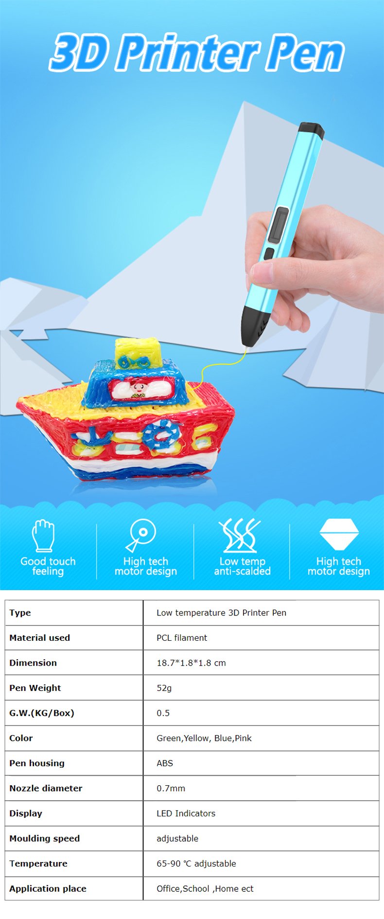 pizimae safe kids 3d pen | low temp 60 90°c | skin friendly pcl & biodegradable refills